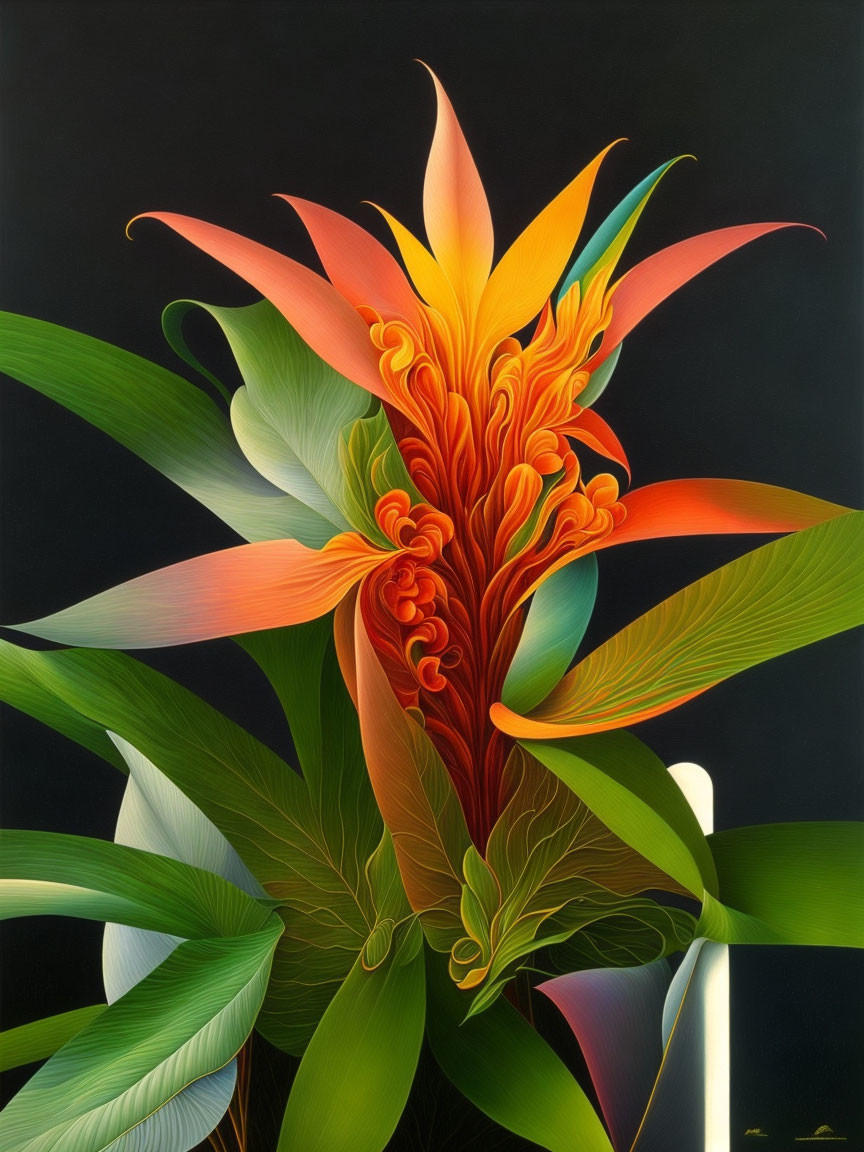 Colorful digital artwork: Stylized plant with fiery petals on dark background