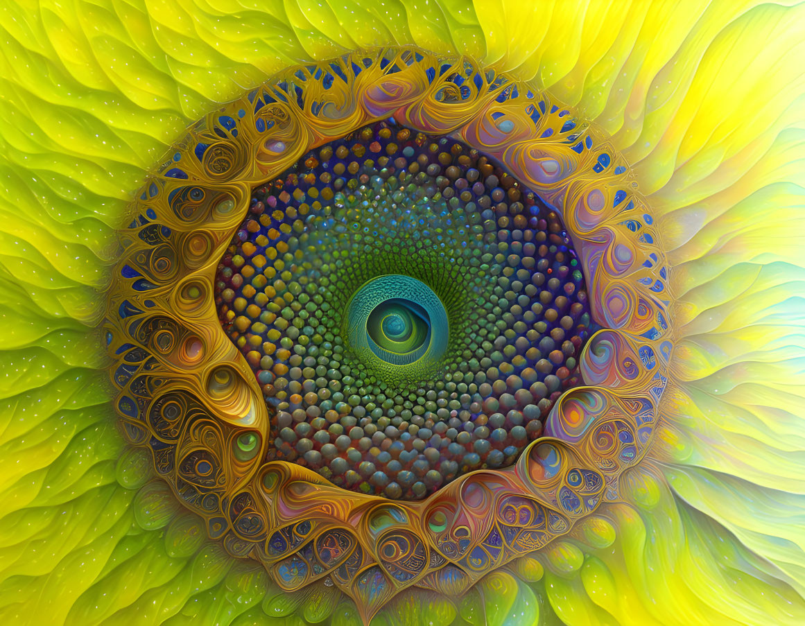 Colorful Spiral Vortex Fractal Artwork with Yellow to Blue Transition