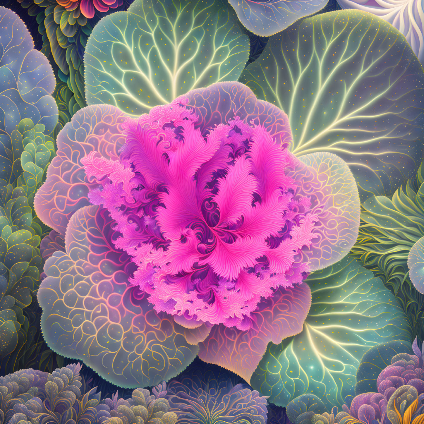 Colorful digital artwork: Central pink fractal flower surrounded by blue and green leaf designs