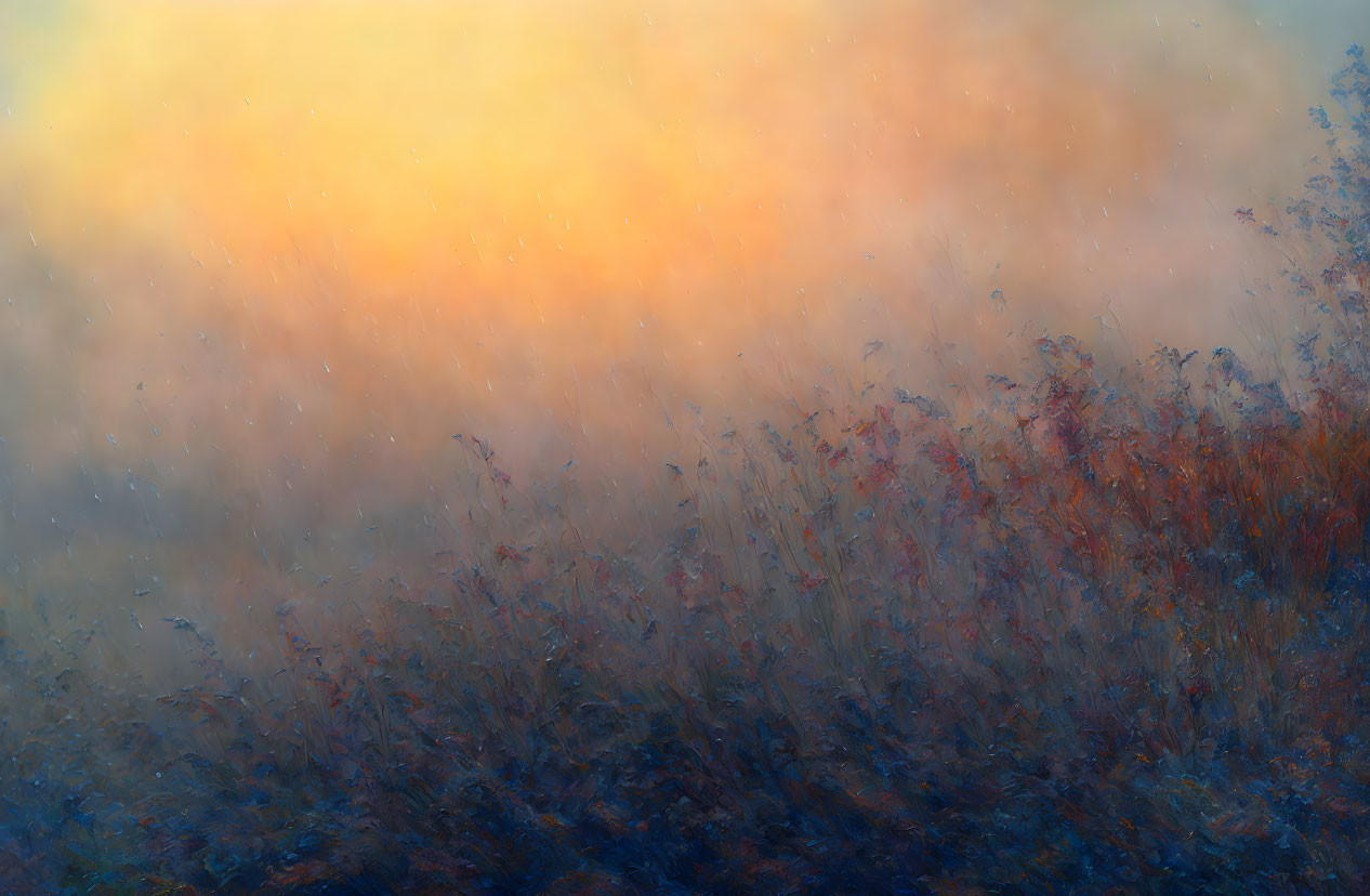 Misty Field Landscape with Blue and Orange Hues