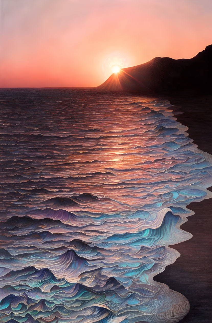 Surreal landscape with wavy sea patterns merging into mountain terrain at sunset