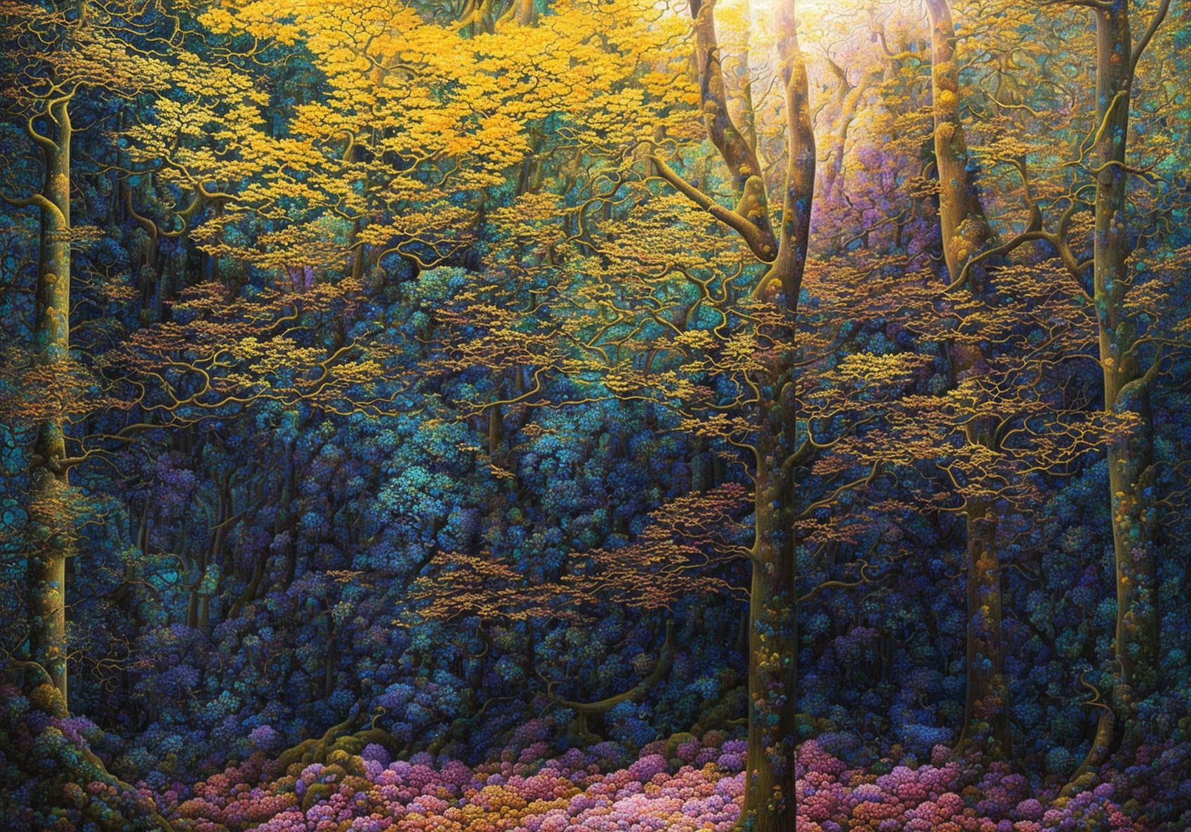 Colorful forest with yellow and purple foliage under soft sunlight