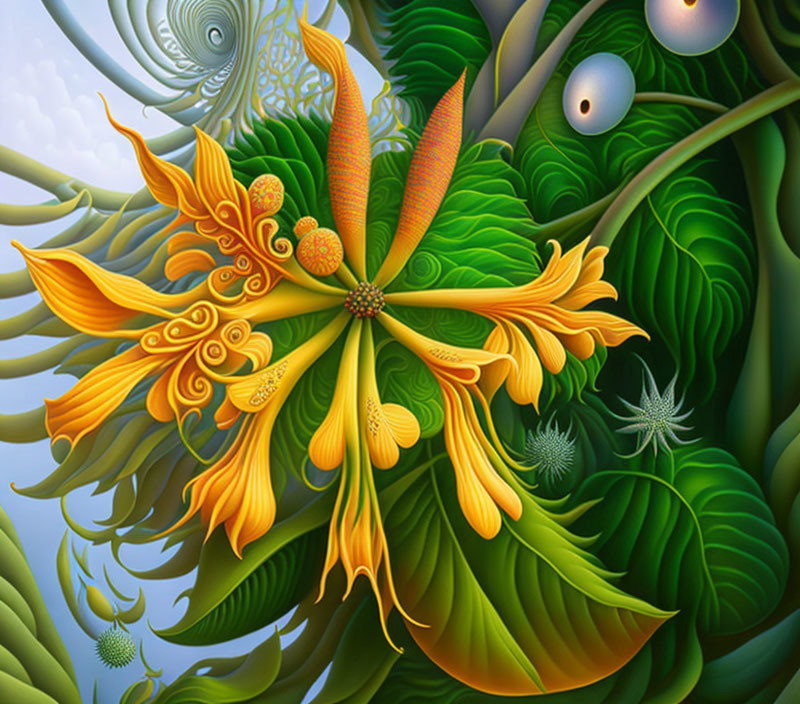 Colorful surreal painting of stylized yellow flower in lush green foliage