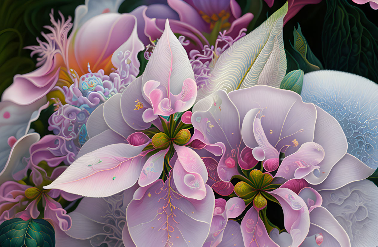 Detailed surreal digital art: Blooming flowers with intricate pastel petals and fantastical elements blending with flora