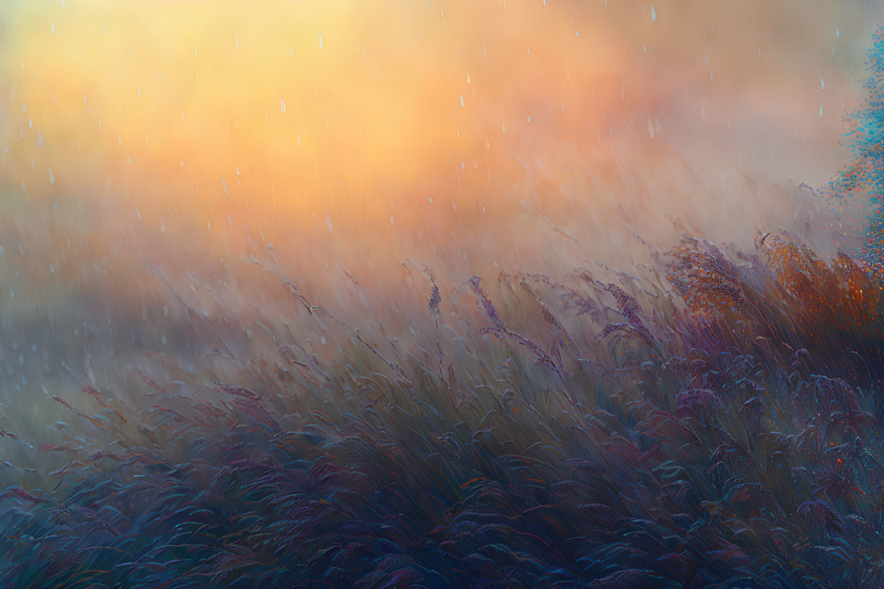 Vibrant tall grass field under warm sky with gentle rain ambiance