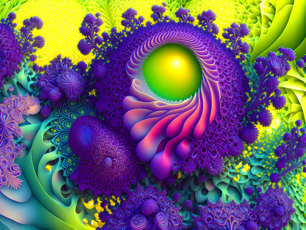 Colorful Fractal Image with Intricate Patterns and Green Orb