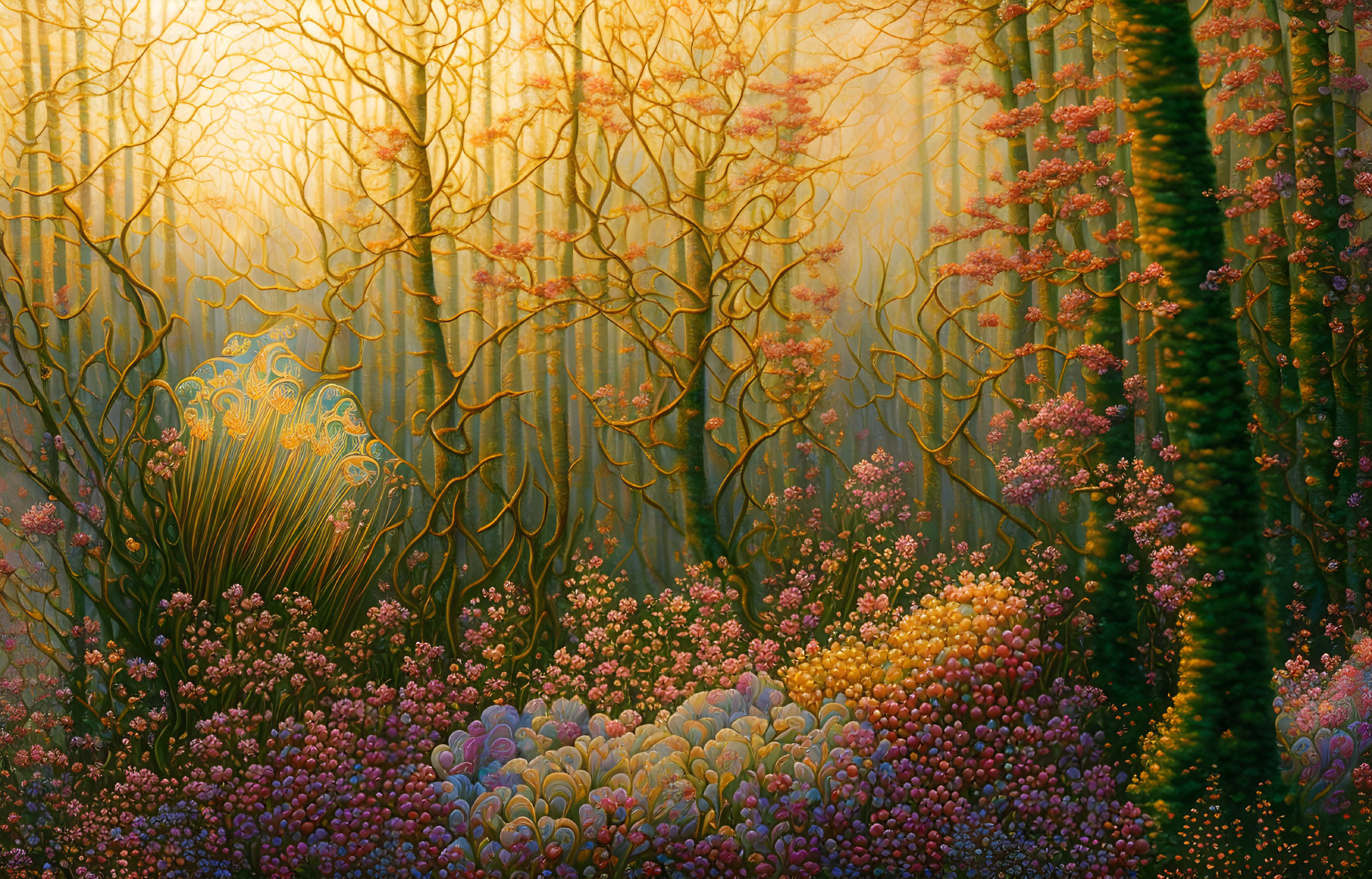 Intricate trees and colorful plants in enchanted forest scene