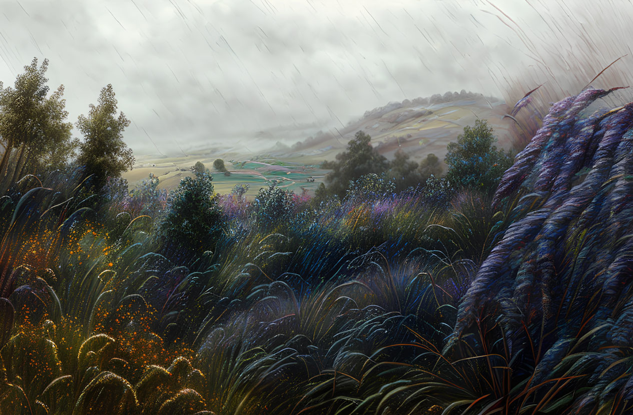 Vibrant countryside scene with colorful flora and misty hills in the rain