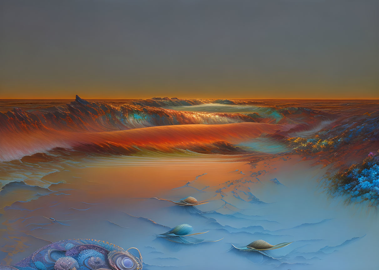 Vibrant surreal landscape with orange and blue terrain, serene water, and fantastical fish-like creatures