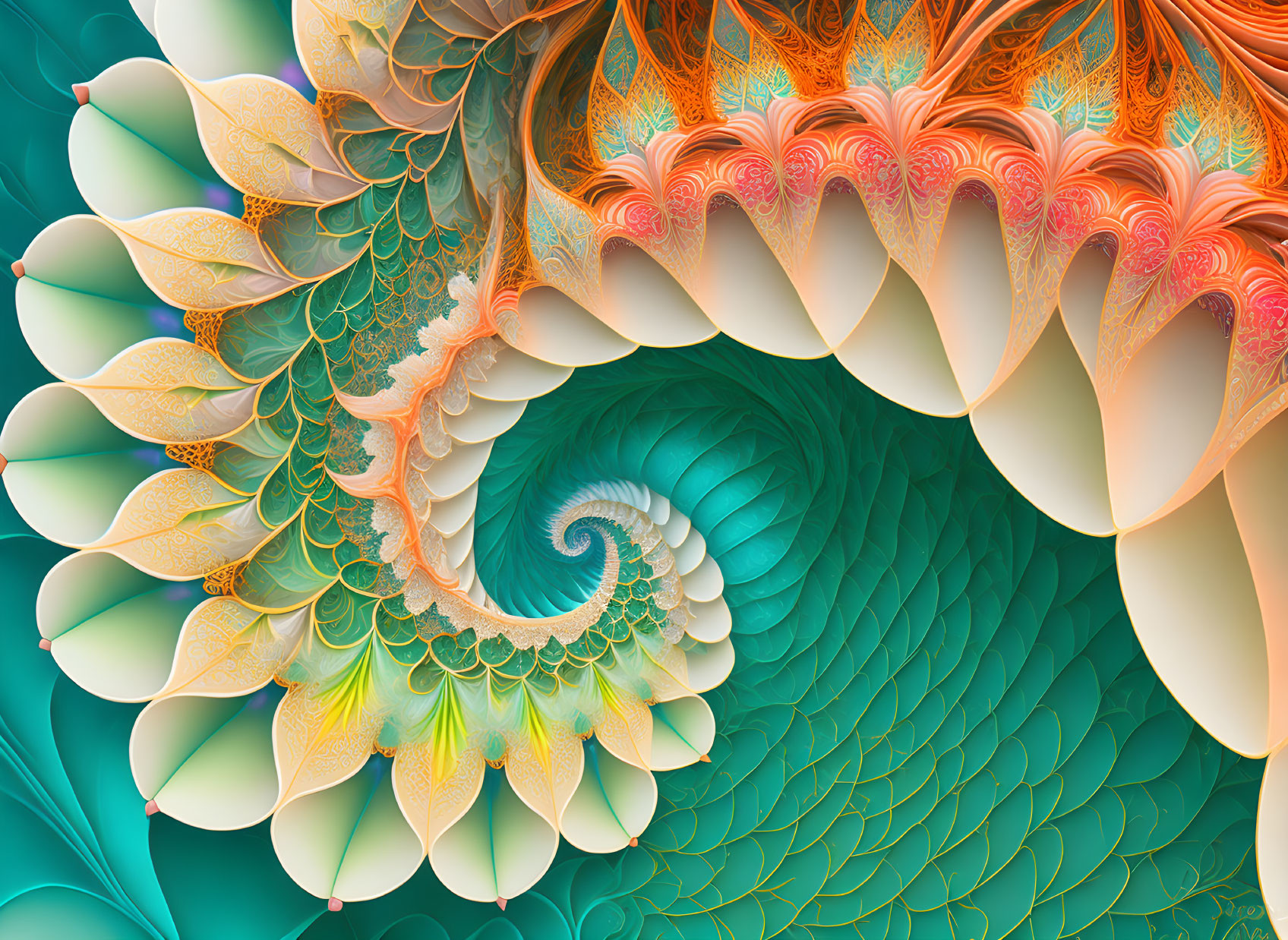 Colorful Fractal Image with Teal, Green, Orange, and White Spiraling Patterns