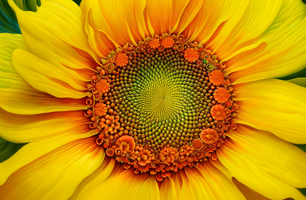 Close-up of Vibrant Sunflower with Yellow Petals and Detailed Orange/Green Center