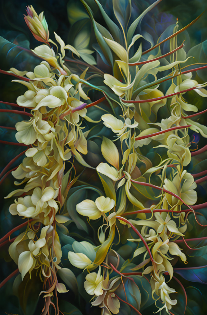 Vibrant yellow-green flowers in lush botanical illustration