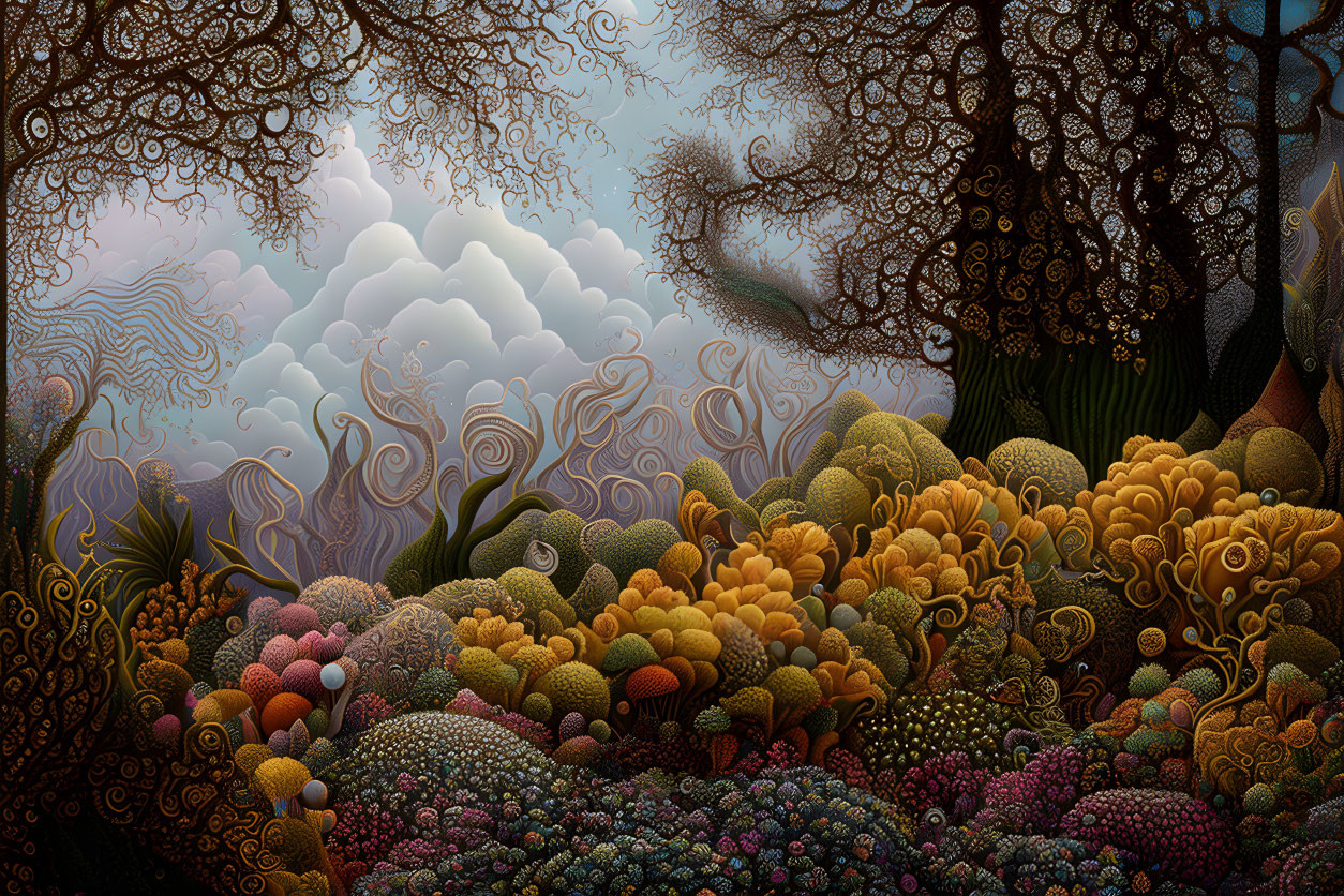 Patterned trees and undulating hills in a whimsical landscape.