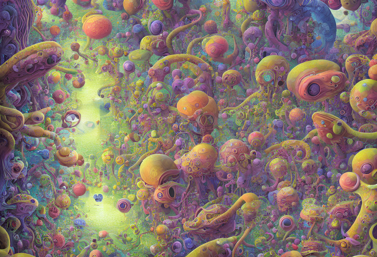 Colorful Cartoonish Landscape with Alien-Like Creatures and Spherical Objects