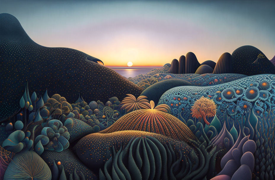 Surreal landscape with stylized hills and intricate flora patterns under a sunset sky