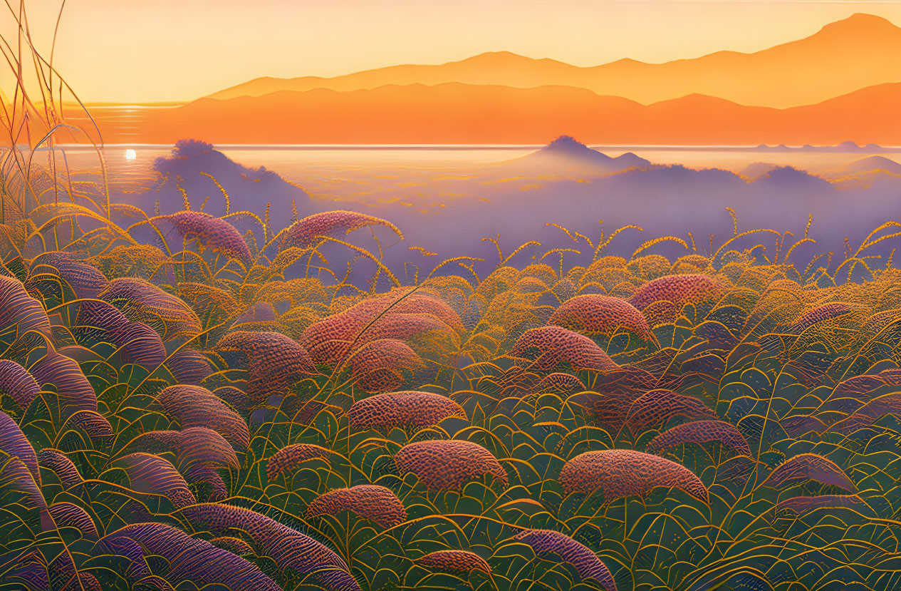 Scenic sunrise over misty mountains and feather reed grass landscape