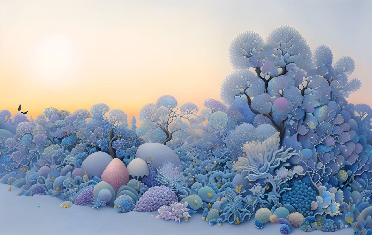 Stylized blue flora in dreamlike sunset landscape