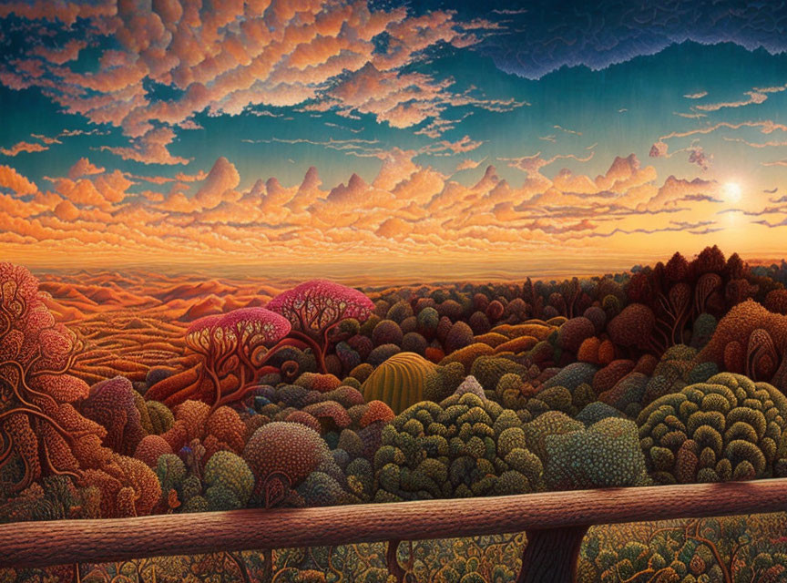 Colorful landscape with textured trees under sunset sky viewed from a balcony