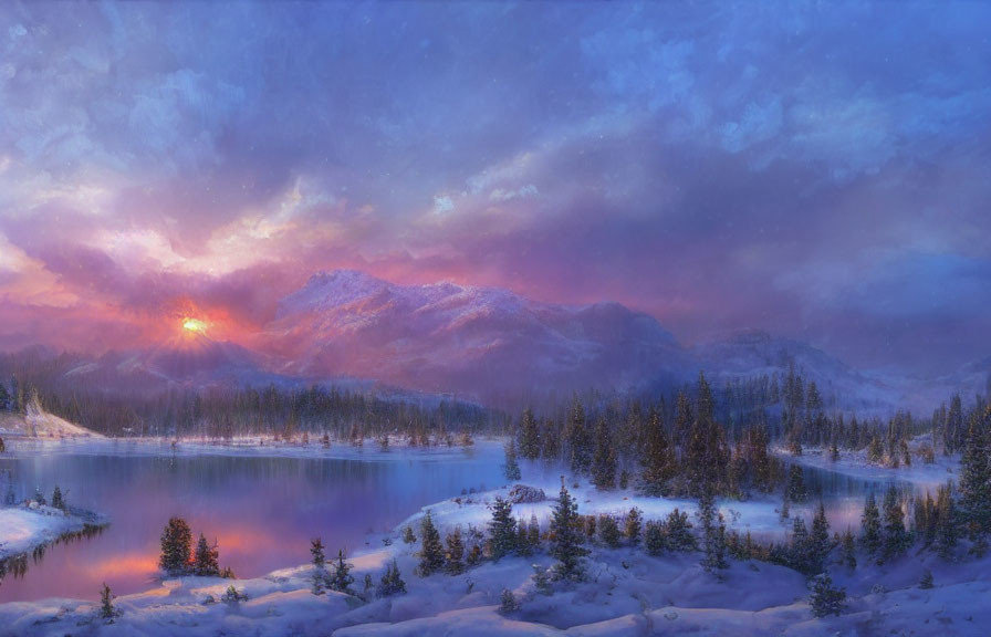 Snowy landscape at sunset: Lake, pine trees, mountains