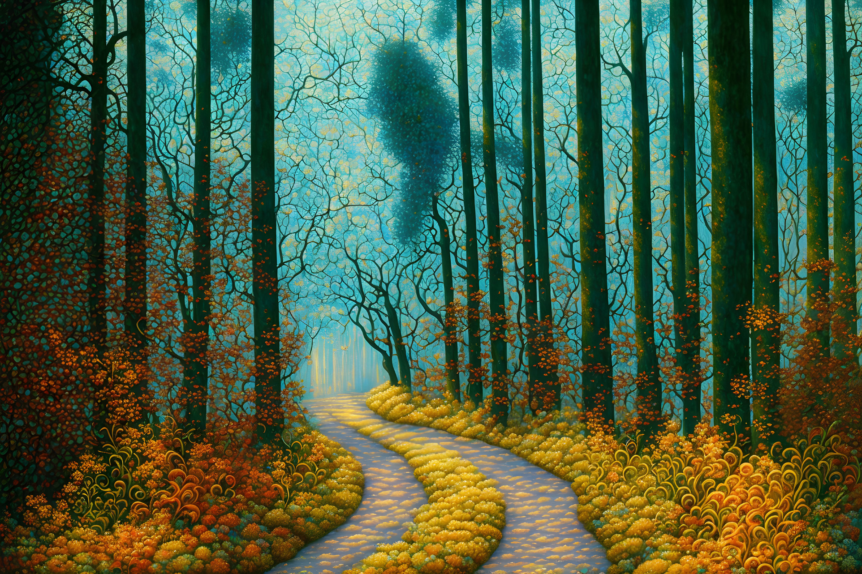 Vibrant orange and yellow foliage in mystical forest with teal trees