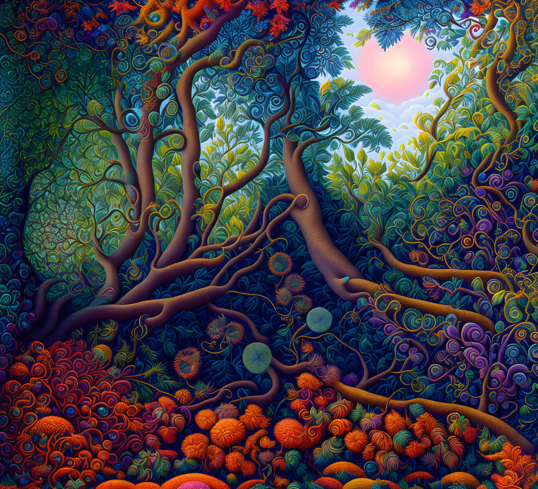 Colorful Psychedelic Forest Scene with Twisting Trees & Sunset Sky