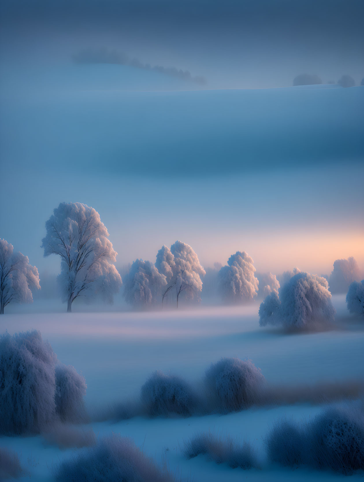 Snow-covered trees and shrubs in serene winter dusk landscape