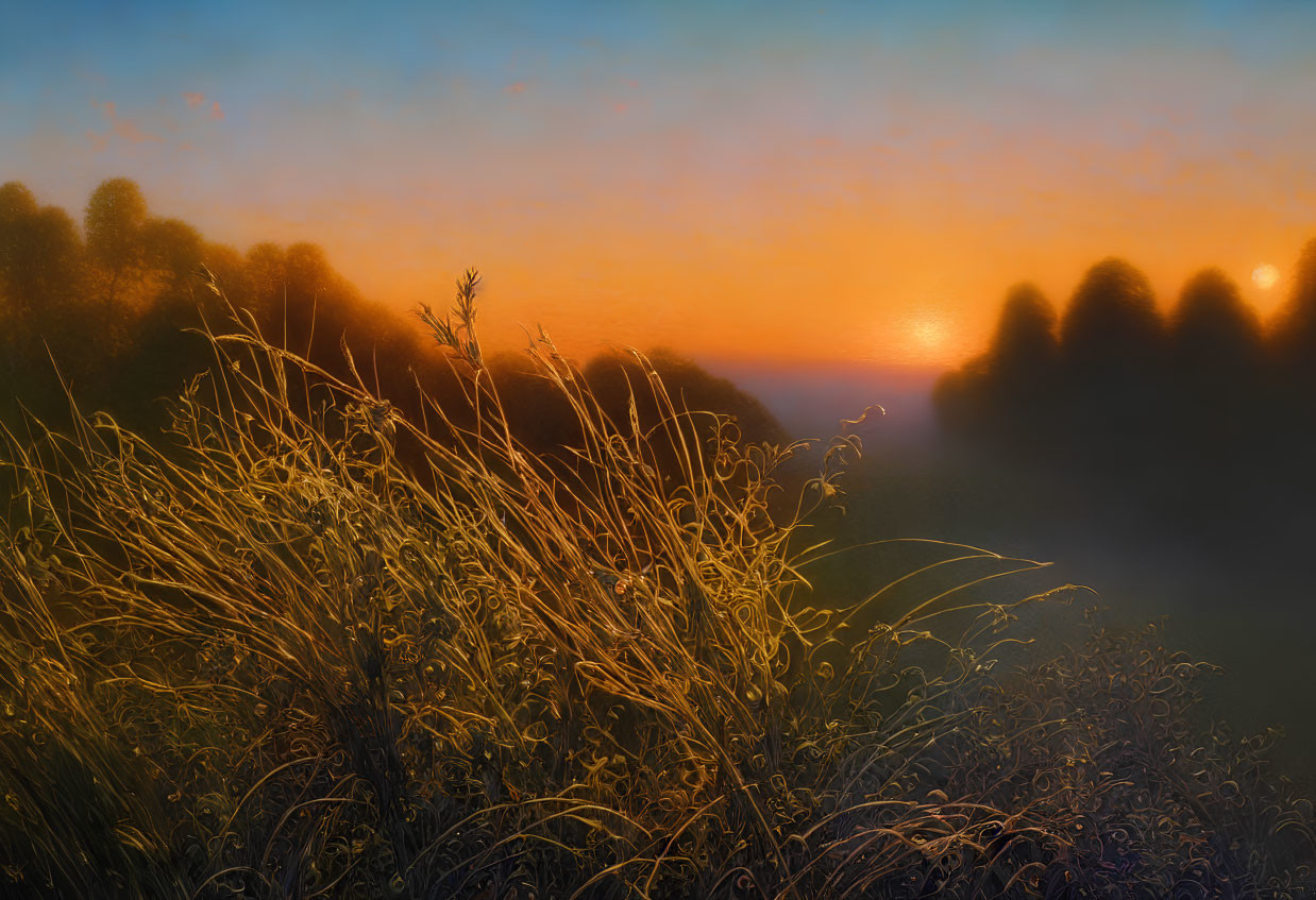 Scenic Sunset with Tall Grasses and Long Shadows