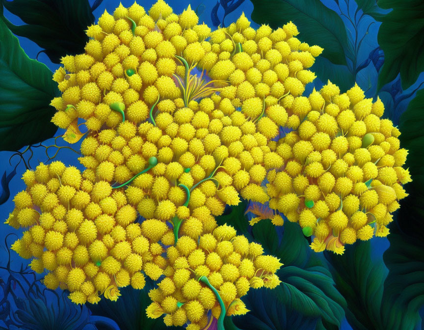 Bright yellow Billy balls against dark blue foliage.