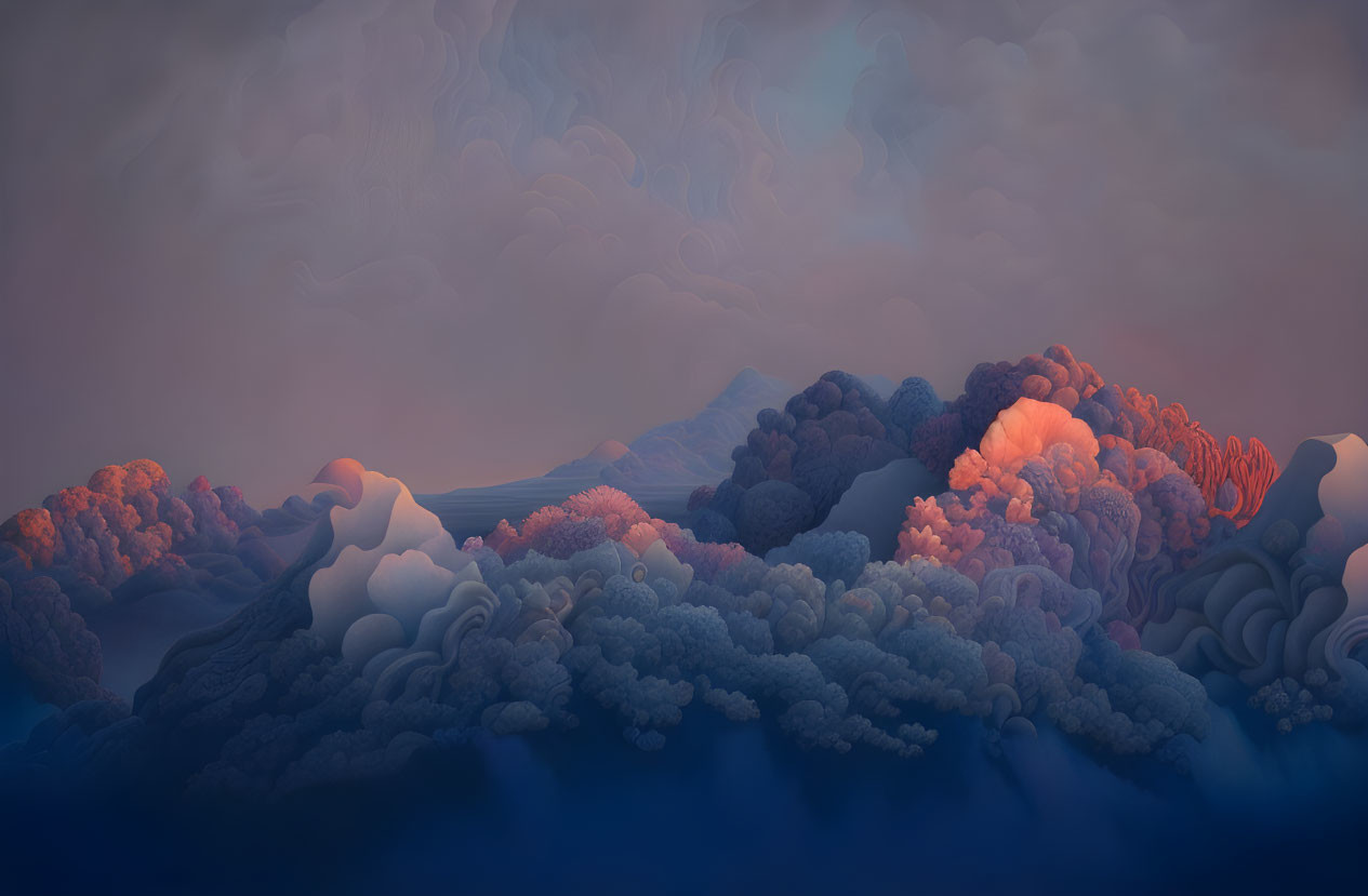 Tranquil digital art landscape with pastel hills and clouds