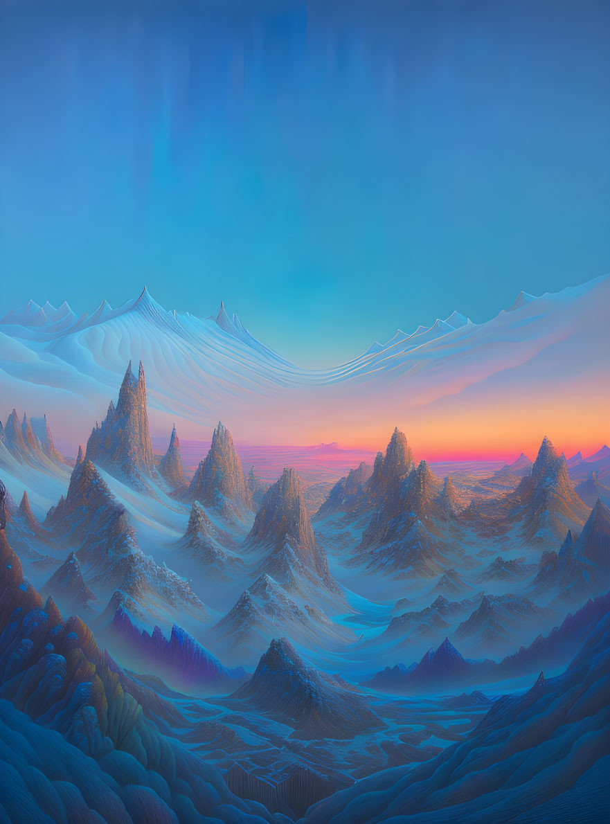 Surreal Landscape: Blue Hills, Sharp Peaks, Orange-Pink Sky