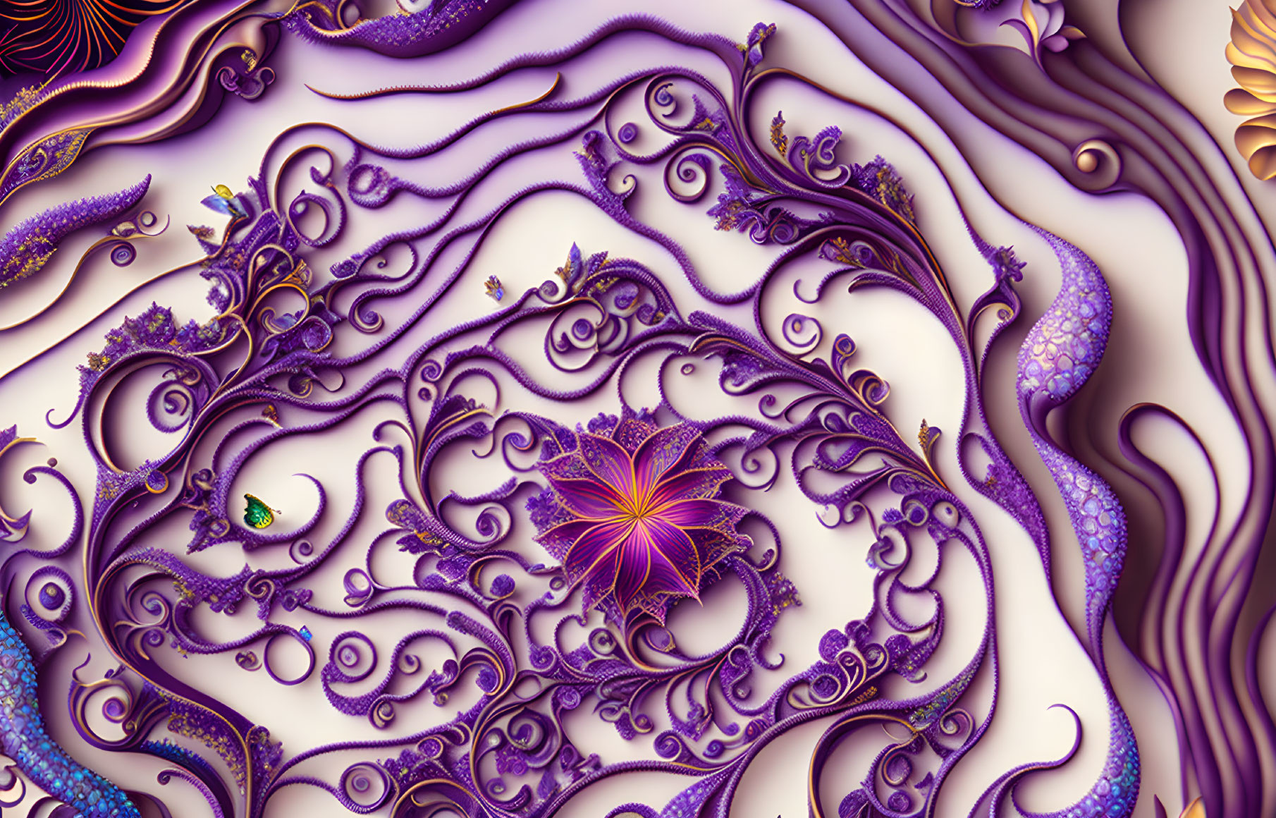 Intricate Purple Fractal Image with Central Flower-like Figure