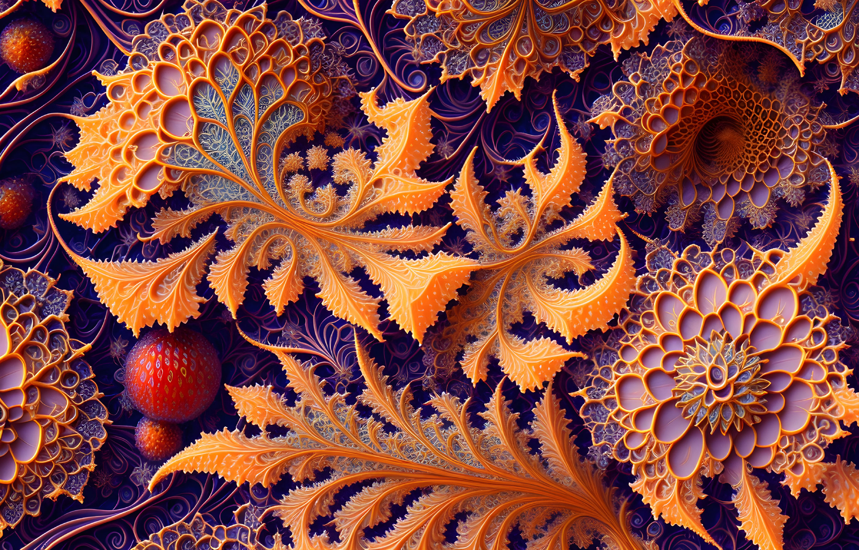 Colorful Fractal Art with Leaf Patterns in Orange and Purple