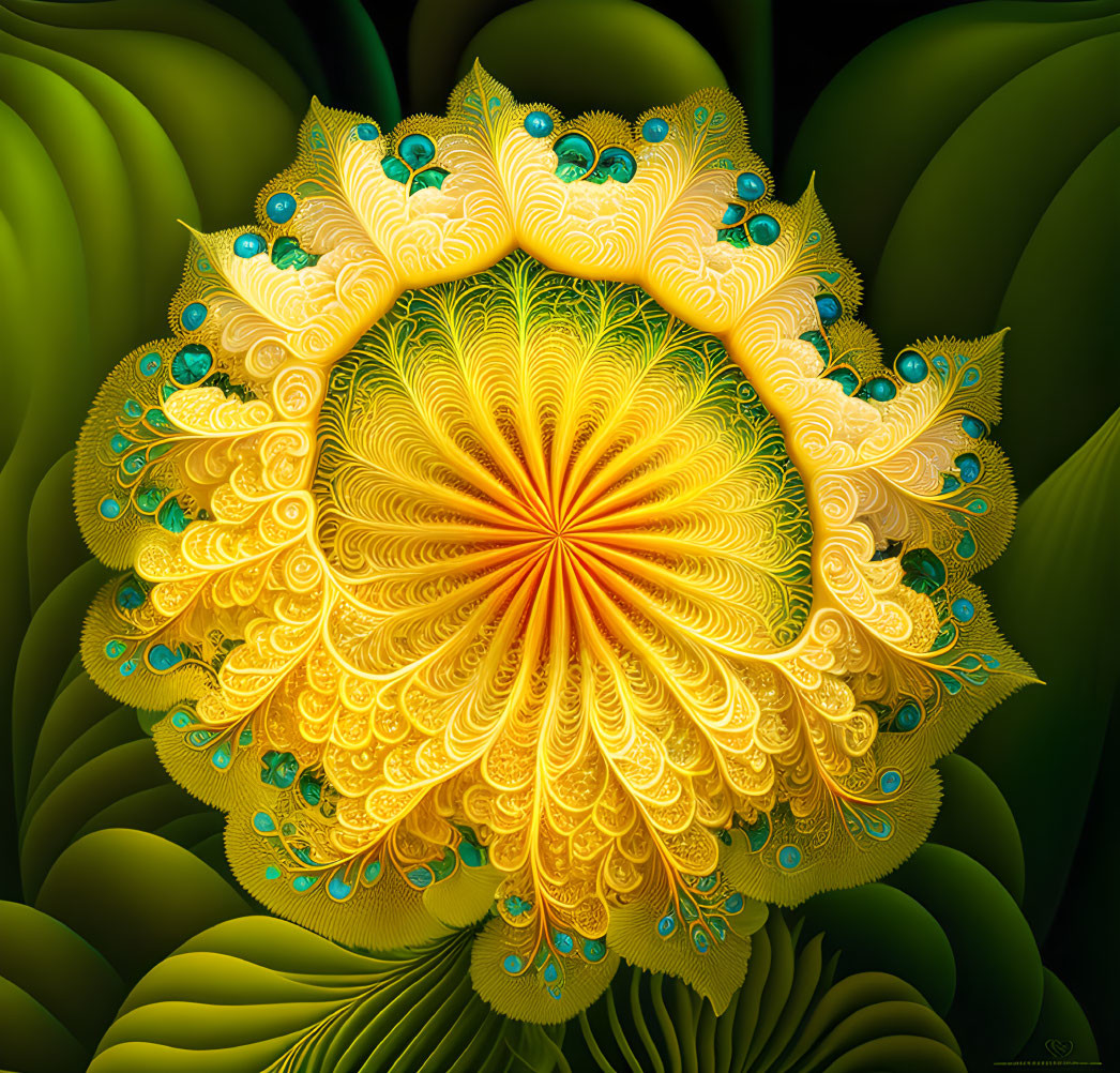 Colorful digital fractal art: Peacock feather flower with yellow patterns and green leaf structures