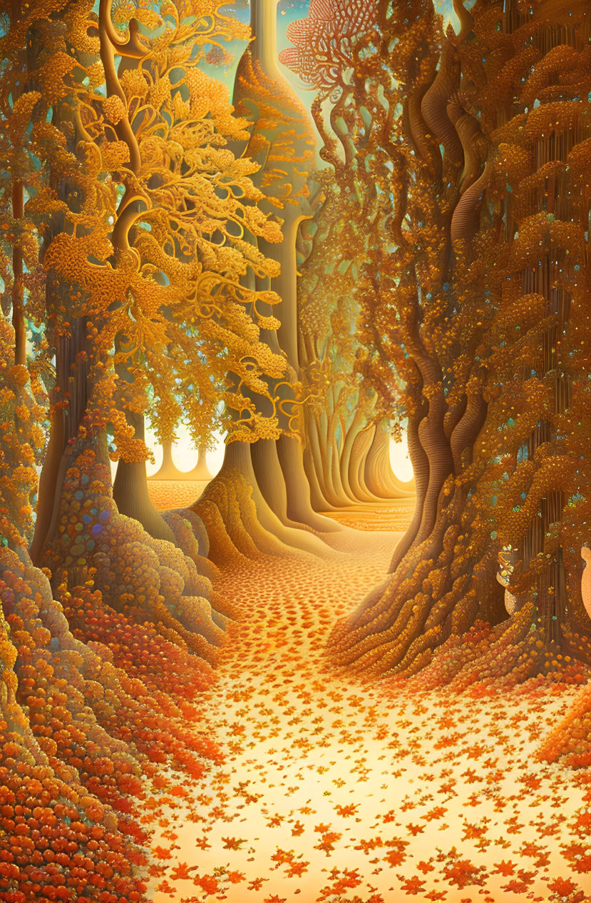 Fantastical autumn forest with intricate trees and golden light