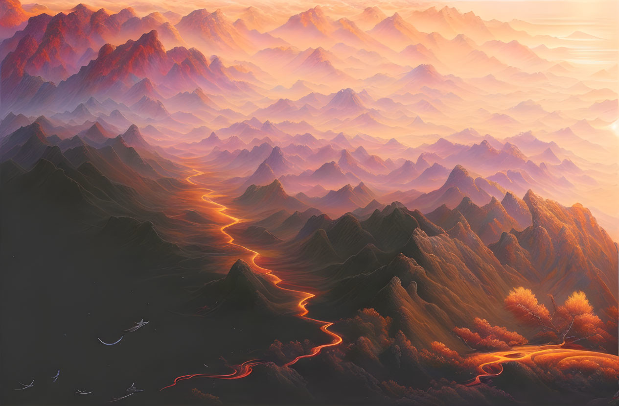 Mountain landscape painting with warm colors, winding river, and birds at dusk