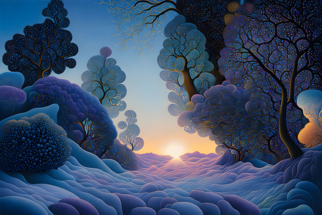 Colorful Stylized Landscape with Whimsical Trees and Sunrise