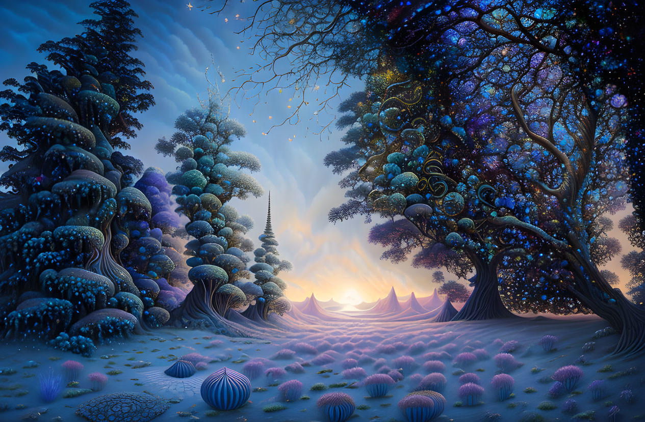 Fantastical landscape with glowing orbs on trees and mushrooms under a transitioning night sky