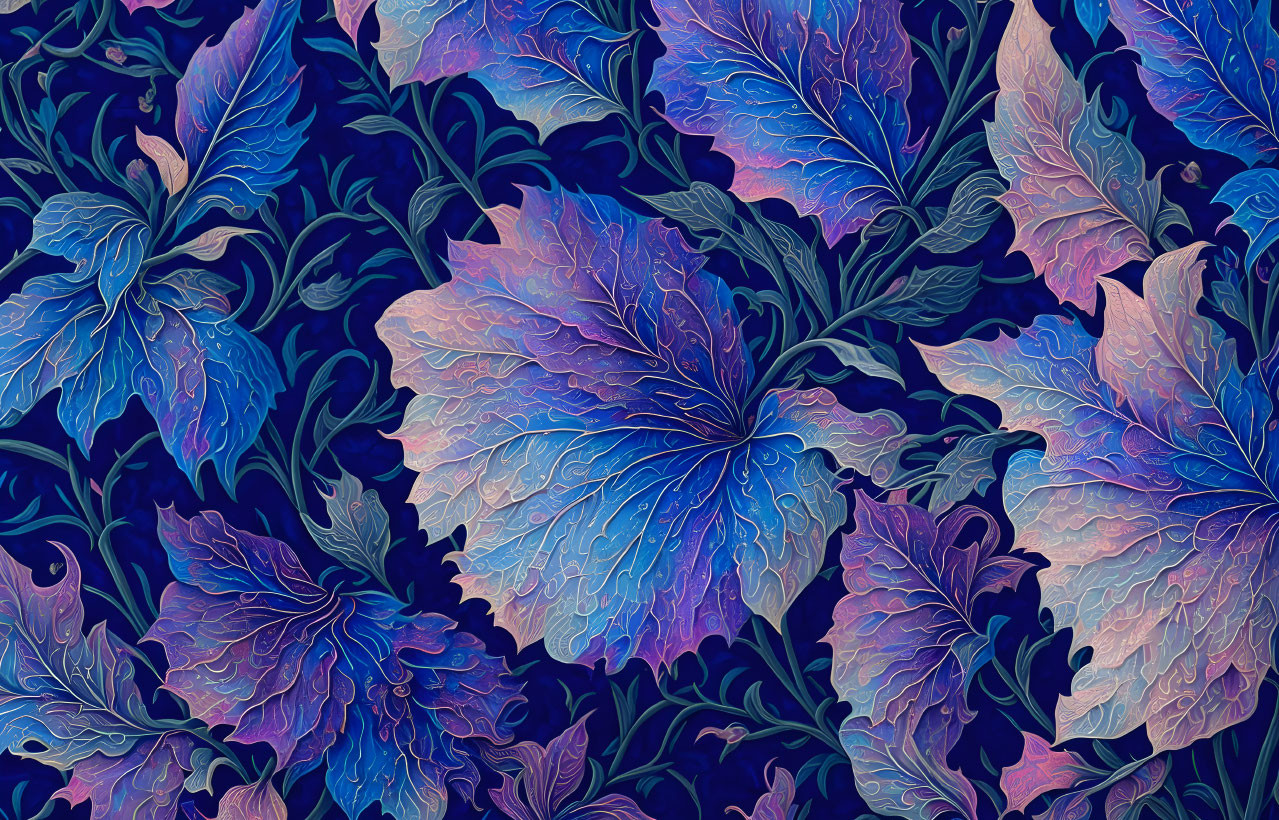 Colorful digital art featuring stylized blue and purple leaves on a dark floral backdrop.