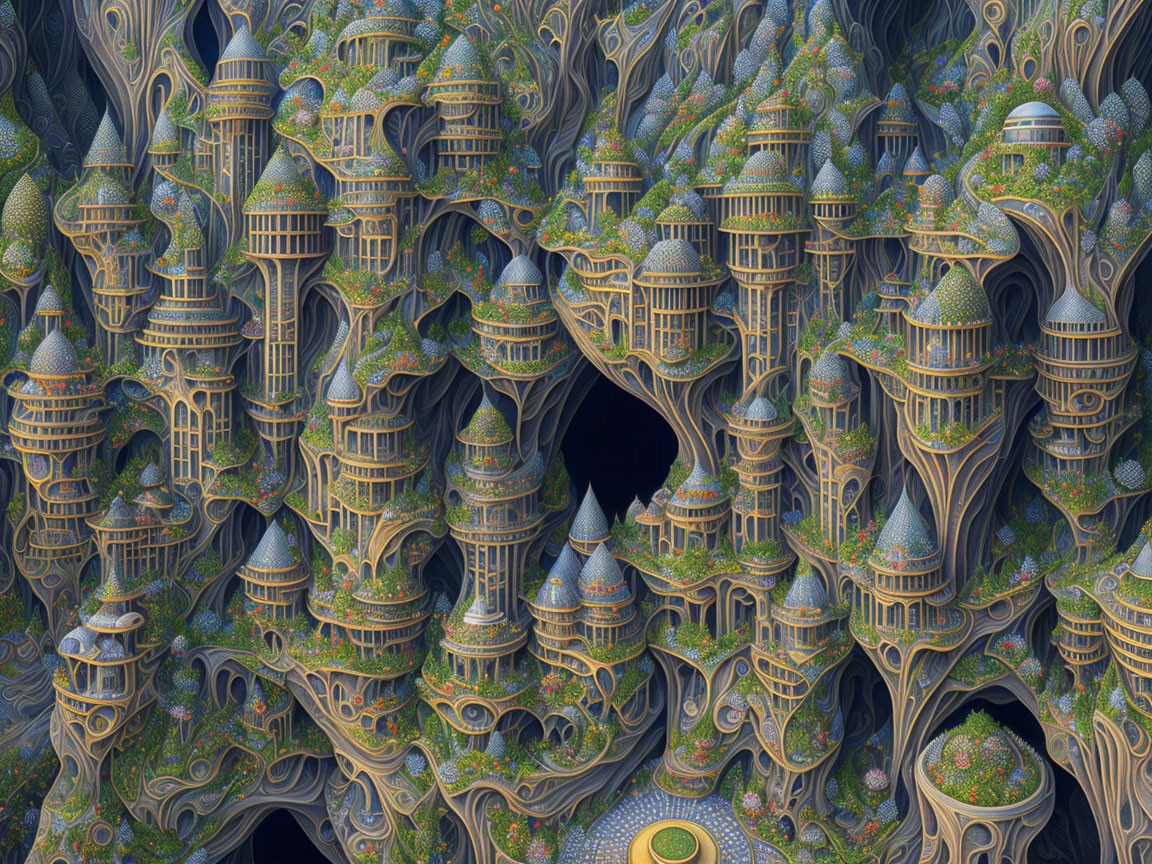 Detailed Fractal Image of Surreal Architecture in Blue and Brown