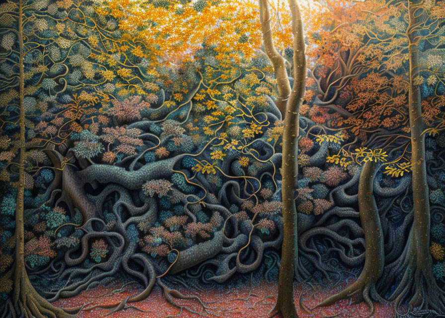 Colorful fantasy painting of intricate tree roots and branches against textured foliage background.