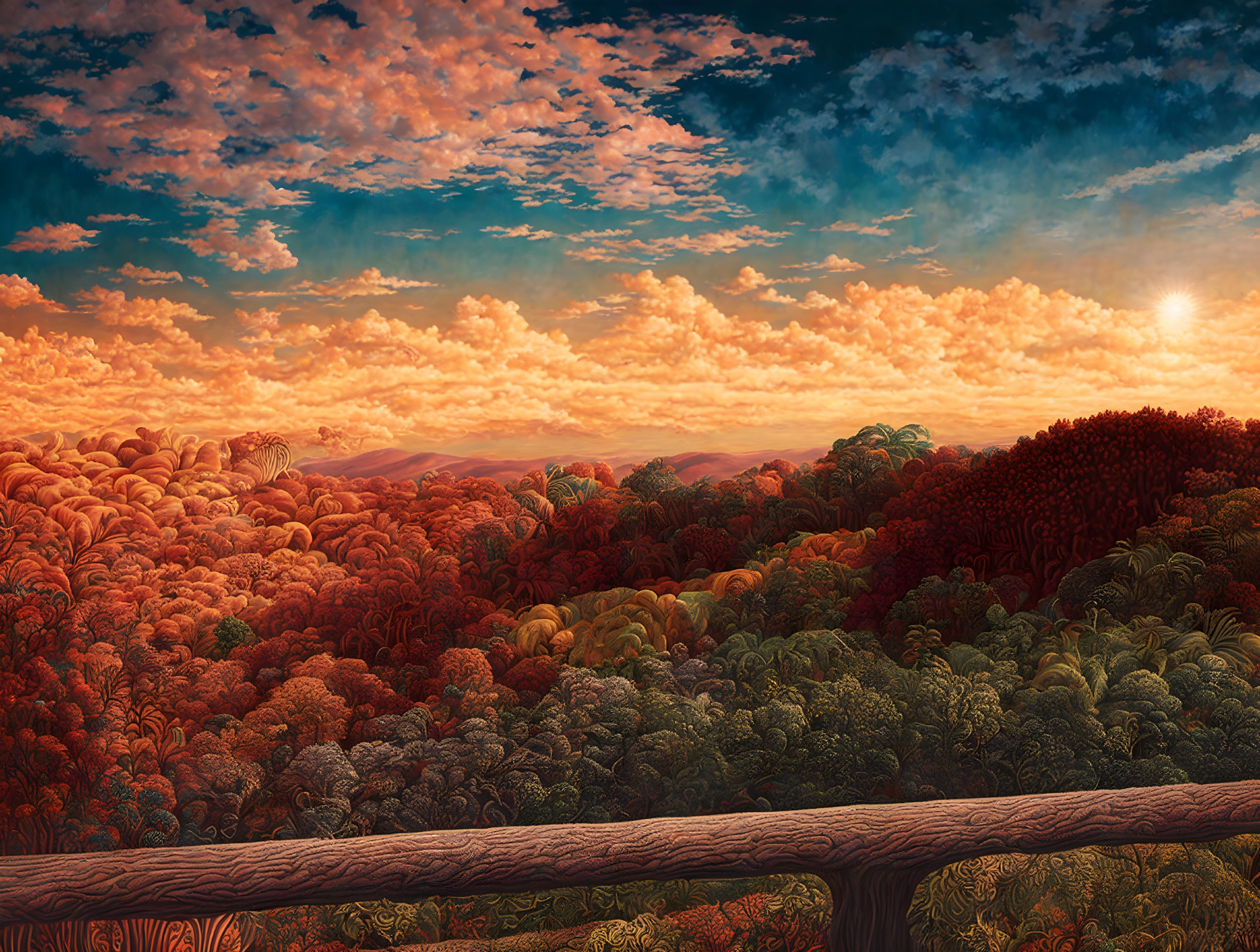 Vibrant sunset sky over lush forest and wooden fence