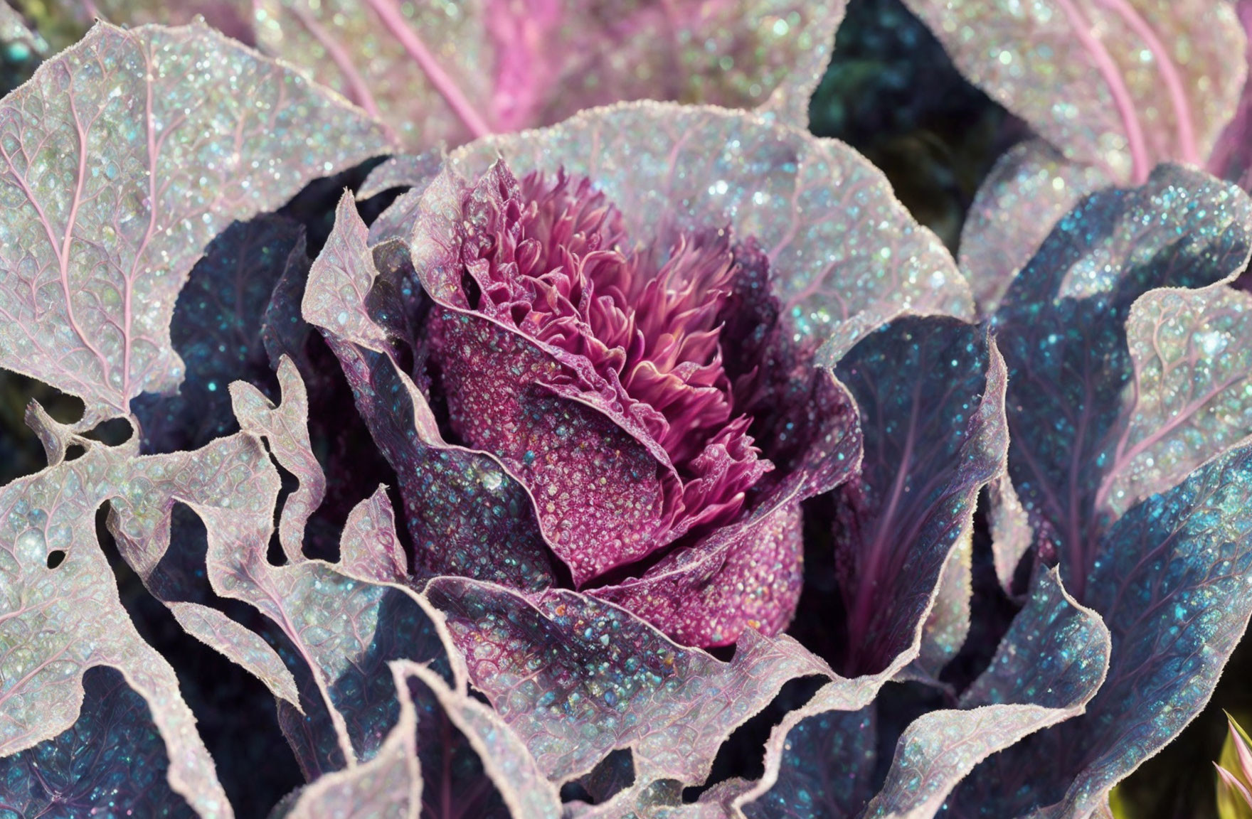 Ornamental cabbage with purple and green leaves, white dots