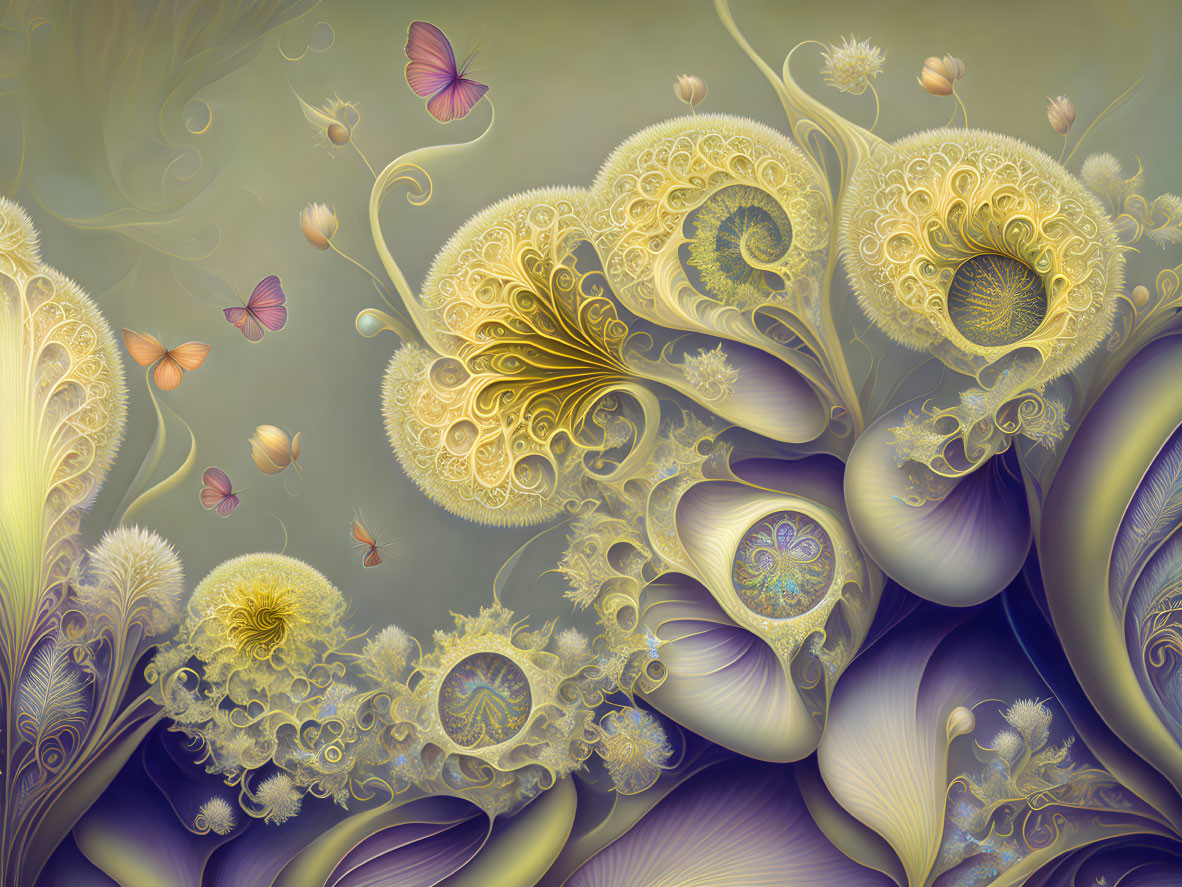 Intricate Floral and Swirl Designs with Butterflies in Pastel Hues