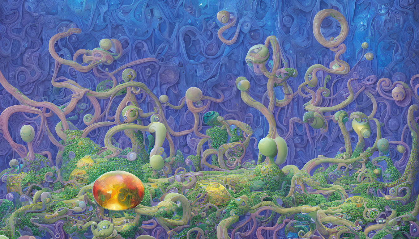 Vibrant multicolored alien vegetation with glowing orange sphere