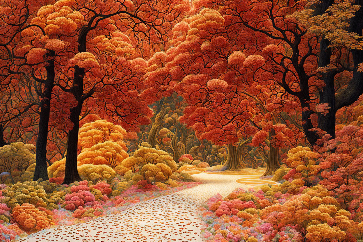 Vibrant colorful forest with winding path and orange & red foliage