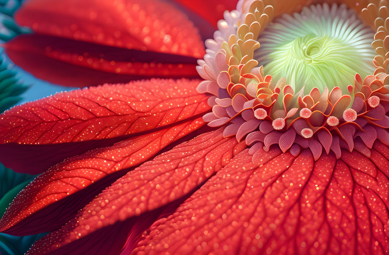 Detailed view of vibrant red gerbera flowers with water droplets on petals and intricate eye patterns