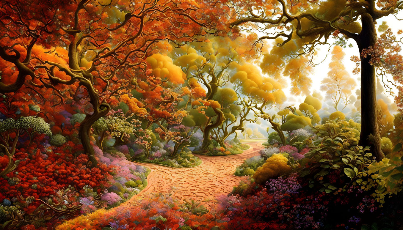 Colorful fantasy landscape with whimsical trees, winding path, and vibrant flowers