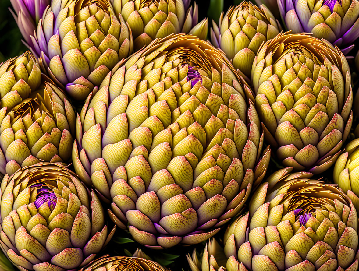 Detailed textures of multiple green and purple artichokes.