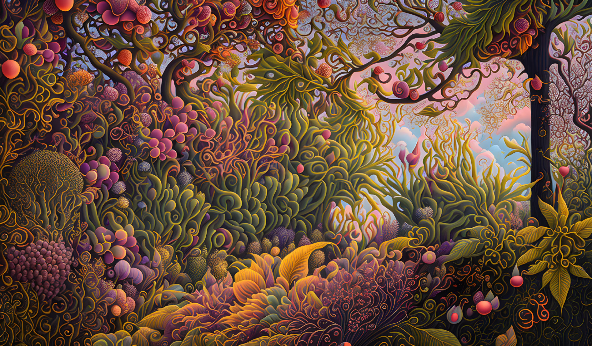 Detailed Vibrant Illustration of Fantastical Forest with Diverse Flora