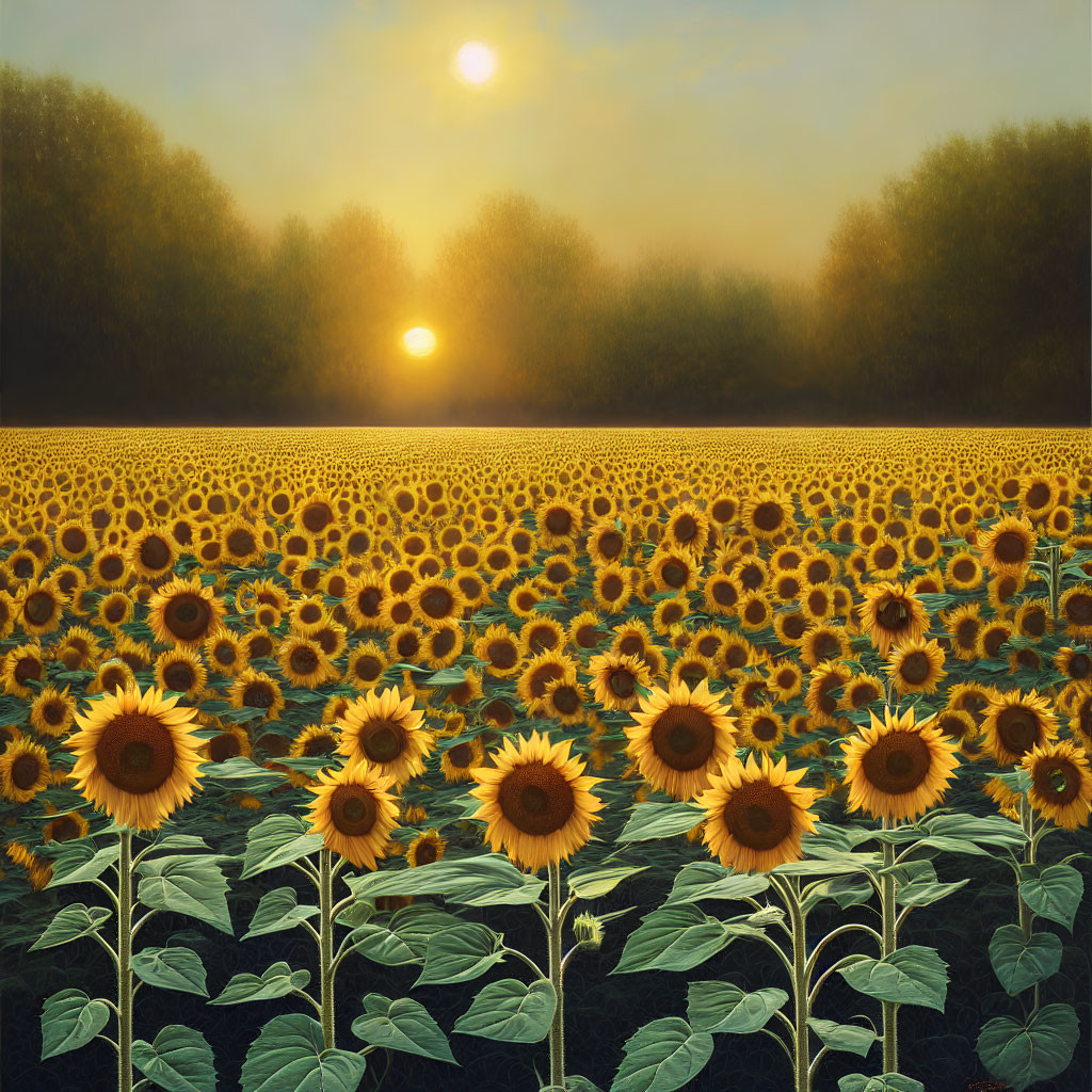 Sunflower Field and Forest at Sunrise